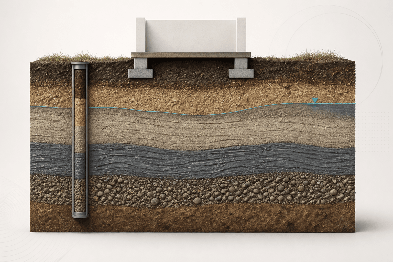 Editorial geotechnical engineering course visual showing soil layers, investigation equipment and foundation elements; not a site model or construction detail.
