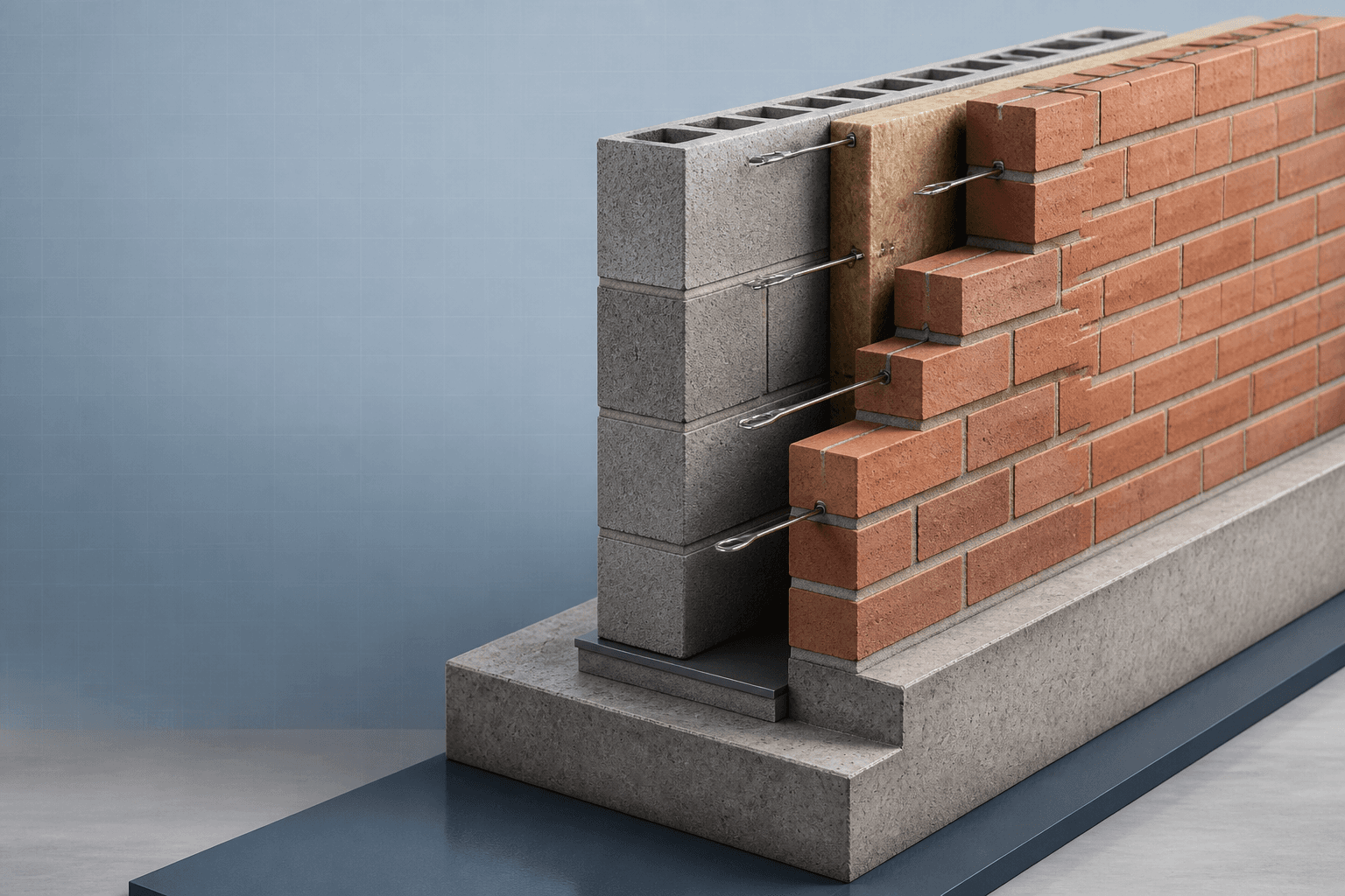 Illustrative masonry course visual showing brick and block cavity-wall materials; not a construction detail.